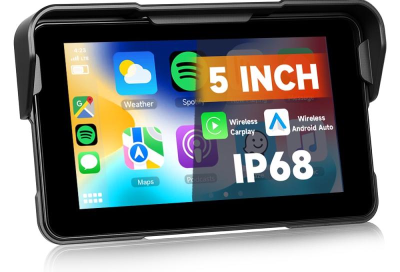 5-инчов преносим IPS екран за мотоциклет с безжичен Carplay/Android Auto BT IP68 водоустойчива